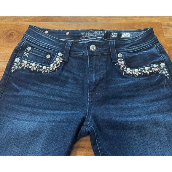 Miss Me MP724982 Pearl & Rhinestone Front Pocket Dark Wash Bootcut Jeans. - Picture 2 of 16